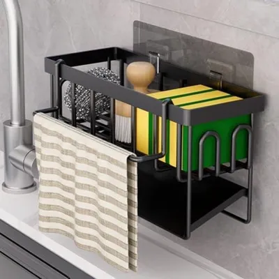Productafbeelding van PromoHome® Keukenwastafelorganizer – Sponsenhouders met afvoer en handdoekhouder, 24 x 11 x 10 cm, zwart