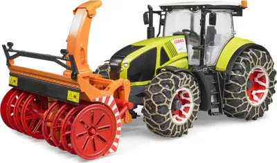 A toy tractor with a snow blower attachment, shown from a 3/4 front angle against a white background.