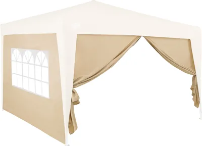 A beige and white gazebo or tent with windows and draped sides, shown from the front.