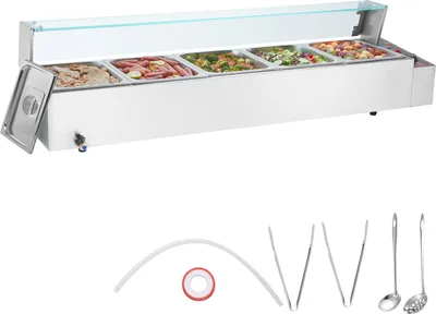 Obrázek produktu pro VEVOR Komerční ohřívač potravin s 5 x 8 qt nádobami, elektrický parní stůl se skleněným krytem, pracovní deska z nerezové oceli 1700 W, bufetová varná konvice, regulace teploty 30-85 °C