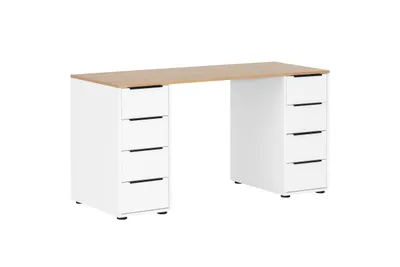 A white desk with a wooden top and eight drawers, shown against a white background.