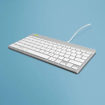 Produktbild von R-Go Tools Ergonomische Tastatur R-Go Compact Break, kompakte Tastatur mit Pausensoftware, QWERTY (US), Kabelgebunden, Weiß, Mini, Kabelgebunden, USB, Scherenschalter, QWERTY, Weiß