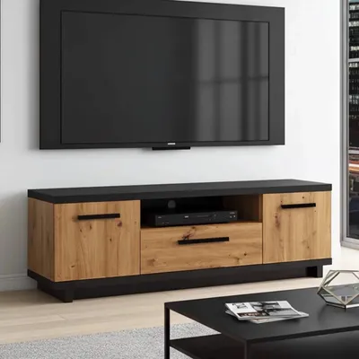 Obrázek produktu pro TV dolní skříňka Ines 135 cm ve vzhledu dřeva a černé barvě - 2 dvířka, 1 zásuvka, masivní TV deska o tloušťce 32 mm, Loft