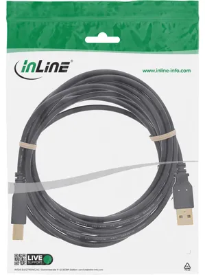 Produktbild von InLine USB 2.0 Kabel, A an B, schwarz, Kontakte gold, 5m, 5 m, USB A, USB B, Männlich/Männlich, 0,48 Gbit/s, Schwarz