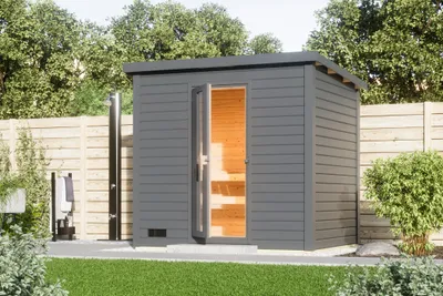 Produktbild von Karibu Saunahaus 38mm Melo 3 Ofen 9 kW integr. Strg terragrau