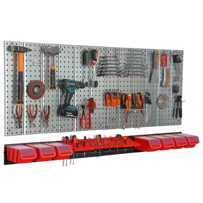 Obrázek produktu pro Deska na nářadí 156x72 cm Kovový úložný systém s držáky na nářadí Háčky na nářadí a 7 odkládacích boxů 120 x 200 x 90 mm Barva: červená Deska na kolíky Dílna Garáž Deska na kolíky Elektrické nářadí Deska na kolíky