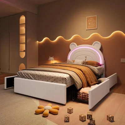 Productafbeelding van MODFU Gestoffeerd bed 90 x 200, kinderbed/tienerbed met berenhoofd, 4 lades, bedframe met opbergruimte en LED-verlichting, zonder matras, beige