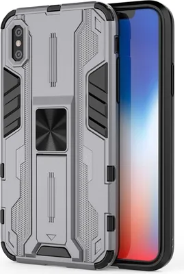 Produktbild von iPhone XS Hülle, Dual Layer PC TPU Bumper Stoßfest Ständer Schutzhülle für iPhone X / iPhone XS Grau