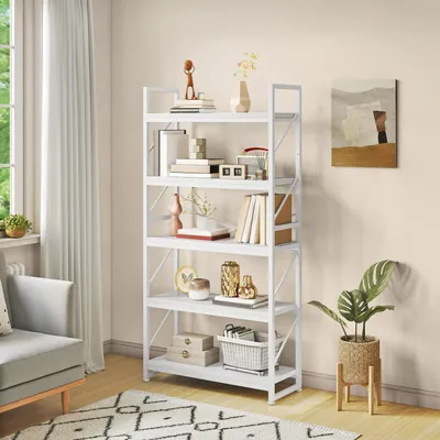 Produktbild von Bücherregal 5 Ebenen Standregal Holz Metall Industrial 80x30x158 cm Weiß