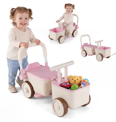 Produktbild von COSTWAY 3 in 1 Kinderwagen mit Rollen, Schiebe-Zieh-Lauflernwagen mit Stauraum, klappbarem Griff, Trittbrett&Zugseil, Schiebewagen,Lauflernhilfe (3-6)
