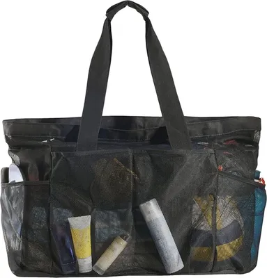Produktbild von Strandtasche mit mehreren Taschen, hohles Netzgewebe, sanddicht, großes Fassungsvermögen, reißfester Reißverschluss, große Tragkraft, Sandalen, Sonnenbrillen, Sonnencreme, Schwimm-Aufbewahrungstasche
