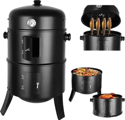 Obrázek produktu pro Gril na dřevěné uhlí – trouba – 3 úrovně – včetně teploměru – pro venkovní grilování – černý – 3 v 1