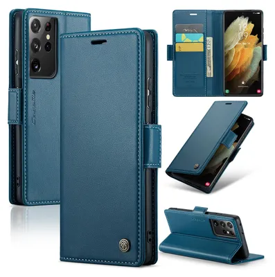 A collage of images showing a blue leather wallet-style phone case for a Samsung Galaxy S21 Ultra 5G.