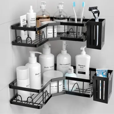Produktbild von Duschablage Ohne Bohren,2 Stück Selbstklebend Eckregal Badezimmer Organizer,Duschregal Edelstahl mit 4 Haken und 2 Zahnpasta Halter,Duschkorb für Bad