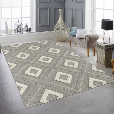Produktbild von Moderner Wohnzimmerteppich Schlafzimmerteppich mit Rautenmuster in Grau und Beige – Hoch-Tief-Effekt Größe - 160 x 230 cm