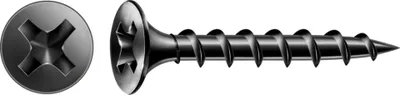 Two views of a black screw on a white background.