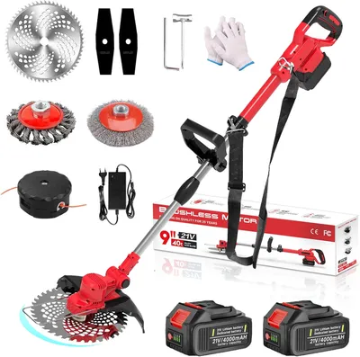 Produktbild von Akku Rasentrimmer mit 2× 4000mAh Akku 21V, 750W Bürstenloser Motor Rasentrimmer mit Unkrautbürste, Freischneider Akku & Ladegerät | Rot