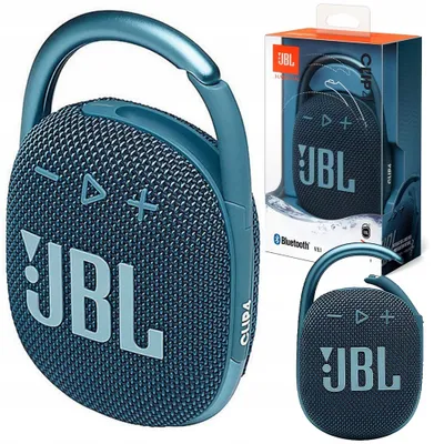 A JBL CLIP 4 Bluetooth speaker is shown in a studio setting with packaging and a smaller inset image.