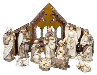 Produktbild von Weihnachtskrippe mit 11 Figuren, aus Polyresin, 13 x 19 x 14 cm