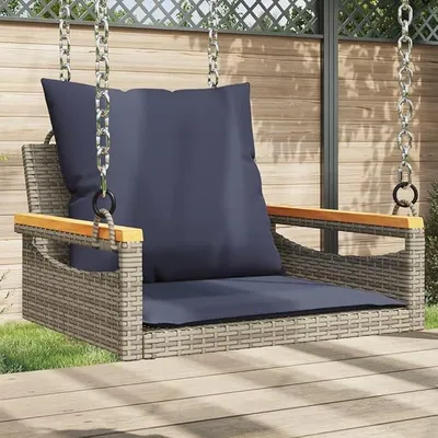 Imagen del producto de Silla colgante con cojín, color gris, 63x62x40 cm, fabricada en polirratán