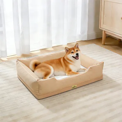 Immagine prodotto di WISFOR Lettino per cani, divanetto per cani, cuscino per cani, bordi rialzati, rivestimento impermeabile e lavabile, sfoderabile, L: 94,5 x 67 x 19,5 cm, beige