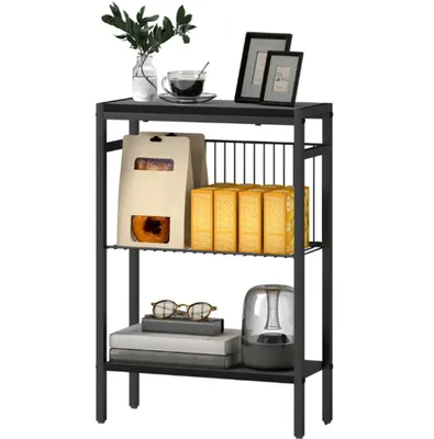 Produktbild von Beistelltisch,Nachttisch mit 3-stufiges Design, Regale in Holzoptik, Stahlrahmen, Schwarz