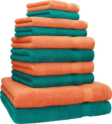 Produktbild von Betz Premium Classic Frottier Handtuch-Set 10-teilig - 2X Liegetücher - 4X Handtücher - 2X Gästetücher - 2X Seiftücher - smaragdgrün und orange