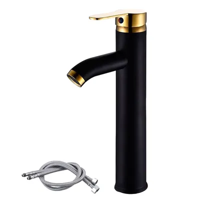 A black and gold faucet with flexible hoses on a white background.