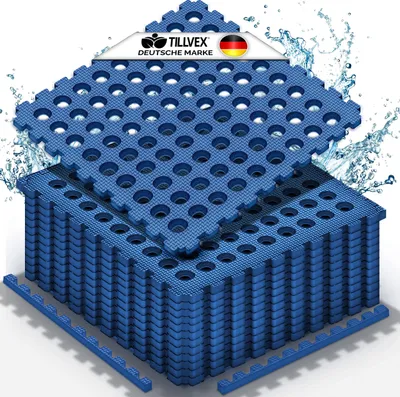 A stack of blue interlocking pool mats with holes, with water splashes in the background.