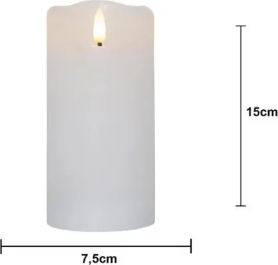 A white LED candle with a flame is shown next to size indicators.