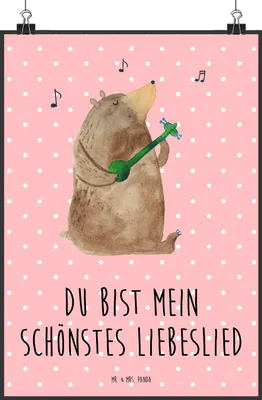 Produktbild von Mr. & Mrs. Panda Bild Bär Lied DIN A2 - Rot Pastell - Geschenk, drucke, Liebe, Spruch, Herz, Valentinstag, wanddeko, Plakat, wandkunst, Teddy, Wandbild
