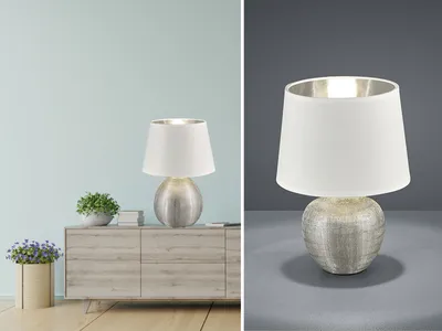 Produktbild von Keramik Tischleuchte LED 35cm hoch mit Stofflampenschirm Ø 24cm in Weiß / Silber