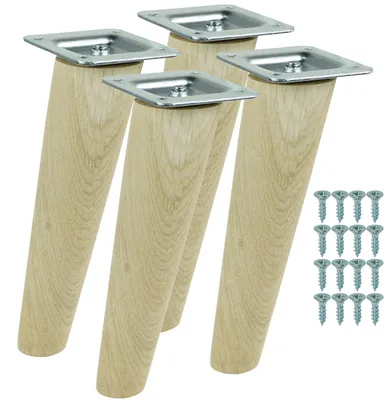 Produktbild von Möbelbeine aus massiver, unbehandelter Eiche, schräge Form, 25 cm, Montagefertiges Set, 4 Stück mit Schrauben