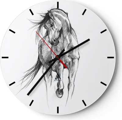 Produktbild von Wanduhr - Rund - Glasuhr - Pferd Galopp Tier - 30x30cm - Schleichendes Uhrwerk - Lautlos - zum Aufhängen bereit - Dekoration Modern - Wanddekoration aus Glas - C3AR30x30-5080