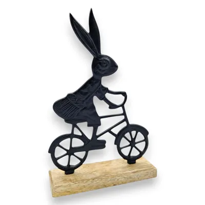 Produktbild von Osterhase schwarz mit Mangoholz Osterdekoration Hase Metallhase auf Fahrrad Riffelmacher