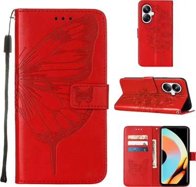Produktbild von Lederhülle für Realme 10 Pro+ 5G Schmetterling Prägung Flip Ledertasche Kartenfächer Handyhülle mit Ständer Rot