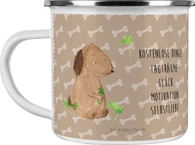 Produktbild von Mr. & Mrs. Panda Emaille Tasse Hund Kleeblatt - Hundeglück - Geschenk, Motivation, Sprüche, Haferl, Teetasse, Achtsamkeit, Emailletasse, Gratis, Pott, Glück, Blechtasse
