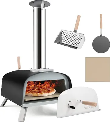 Produktbild von GOPLUS Pizzaofen Outdoor, Holzofen mit 33 cm Pizzastein, Schaufel, Feuerschutz, zusammenklappbaren Beinen, abnehmbarem Schornstein