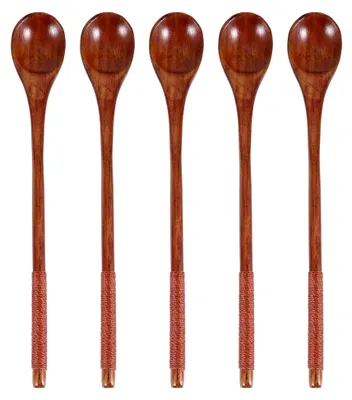 Produktbild von Langstielige Honiglöffel aus Naturholz, 5 Stück mit gebundenem Faden für Küche und Dessert
