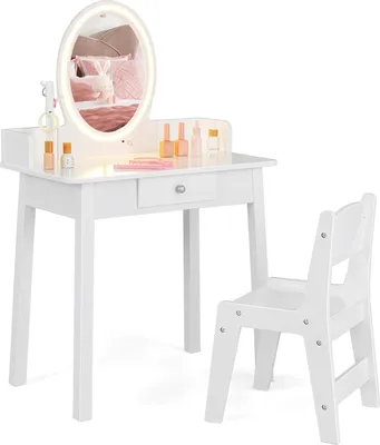 A white children's vanity table and stool set with an LED-lit mirror.