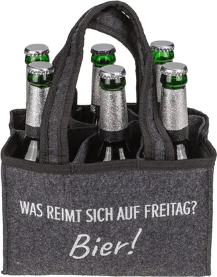 A six-pack of beer bottles in a gray felt carrier bag with text on the front.