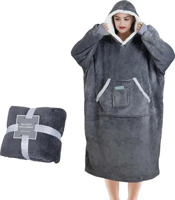 Produktbild von Unyqoos® Sherpa-Hoodiedecke mit Ärmeln & Kapuze 120 cm, Oversize Damen Hoodie-Decke, superwarm, weich, große Tasche, Grau
