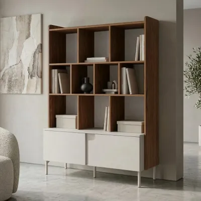 Obrázek produktu pro BEAUTYSOFA | Knihovna POSITIVO, regál z materiálu Kaschmir a ořechové dřevo Alba, rozměry 113,2 x 160 x 42 cm – Moderní regál s otevíráním dotykem