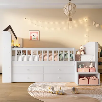Produktbild von okwish Hochbett 90x200 Halbhohes Bett ohne Matratze,Holzbett in Hausform,Bettgestell mit Fenster und 4 Schubladen,Jugendbett mit LED-Lichtleiste und Lagerleiter,Weiß