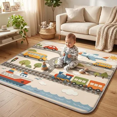 Imagen del producto de Alfombra de juego para bebés, 180 x 150 cm, alfombra para gatear con motivos de vehículos