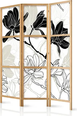 Produktbild von 3-teiliger Einseitiger Vlies Japanischer Paravent - Black and White Flowers I 135x172 cm Blumen p-B-0011-z-b