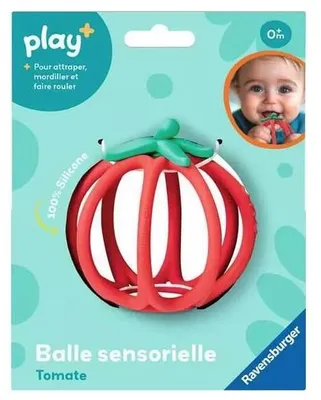 Produktbild von Ravensburger Play+ — Silikon-Sensorball mit Tomatenmotiv für 6 Monate — Aktivitätsball und Zahnrassel für Babys — Multisensorisches Spielzeug — Motorik und Erwachen — 34013