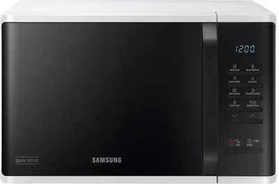 A front-facing studio shot of a Samsung microwave oven.