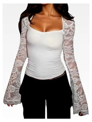 Produktbild von Damen Langarm Bluse mit Spitzen, figurbetontes Crop Top mit quadratischem Ausschnitt, elegantes Oberteil für Partys und Freizeit