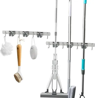 Produktbild von Famanu Besenhalter Wandmontage - Edelstahl mit 3 Haltern und 4 Haken